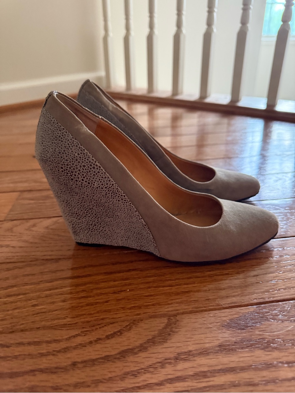 Audrey Brooke Gray Suede Wedge Pumps